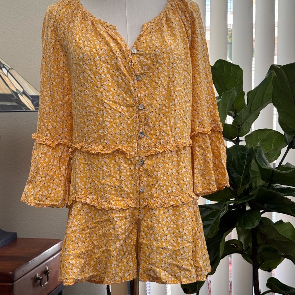 Beachlunchlounge Mustard Yellow Floral Ruffled Button Down Peplum Top Size Large